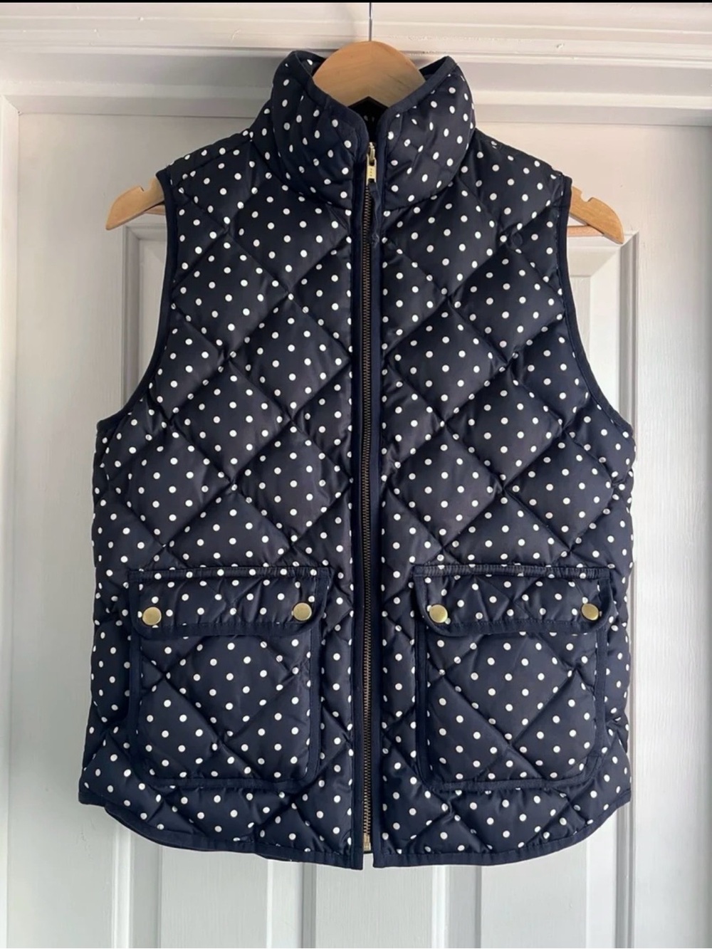 J.Crew Polka Dot Quilted Down Vest Navy White Puffer Vest Size Small
